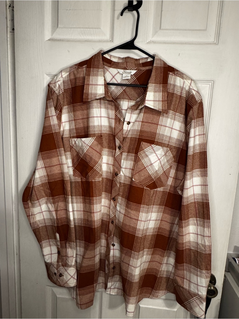 Natural Reflections Plaid Flannel Shirt Women’s 2X Rust Brown Cream Button Front
